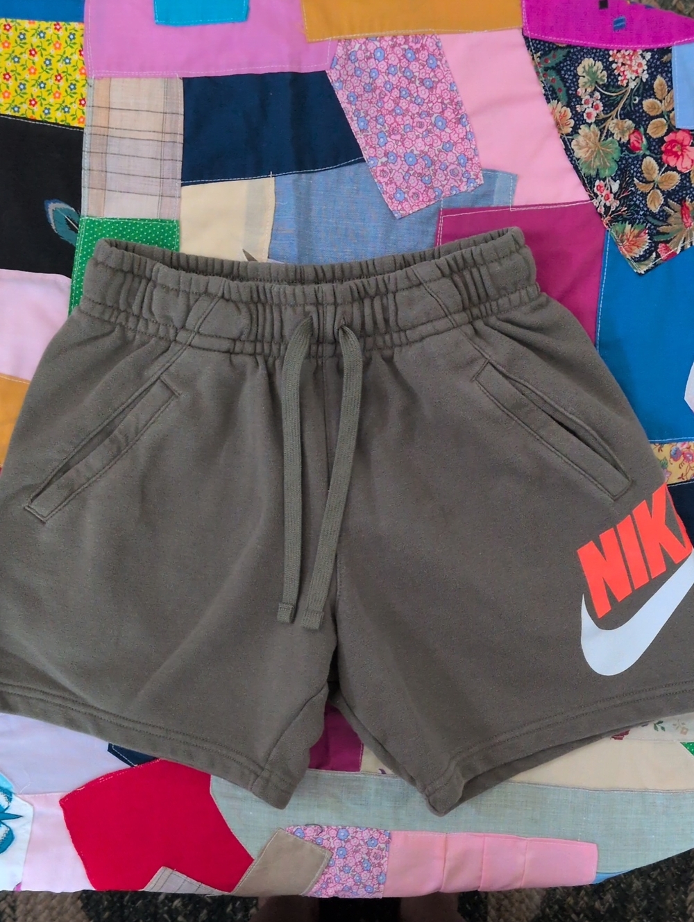 Nike Olive Green Kids Athletic Shorts with Coral and White Logo